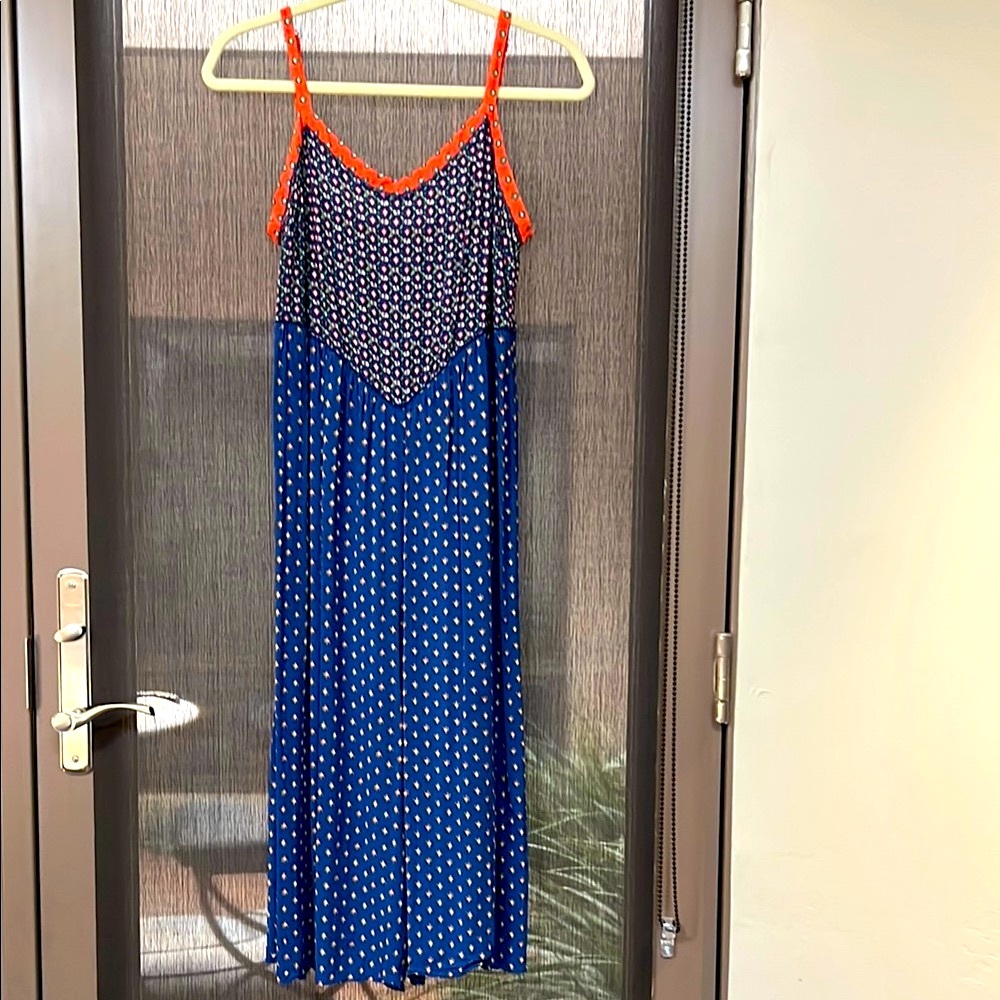 Anthropology Blue and Orange Polka Dot jumpsuit.
